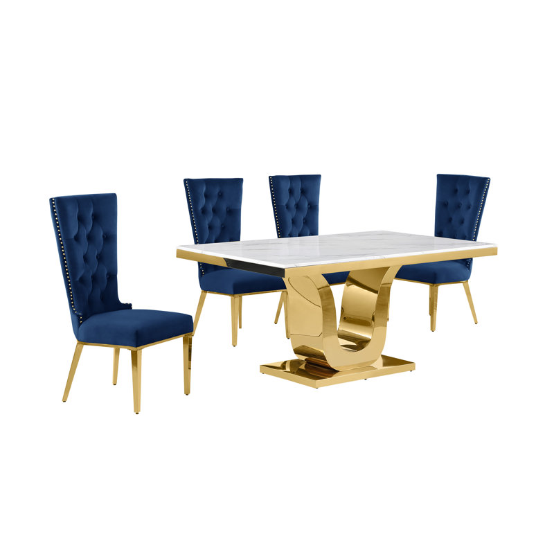 Kievie Marble Top Pedestal Dining Set, 5 Piece Dining Set, Navy