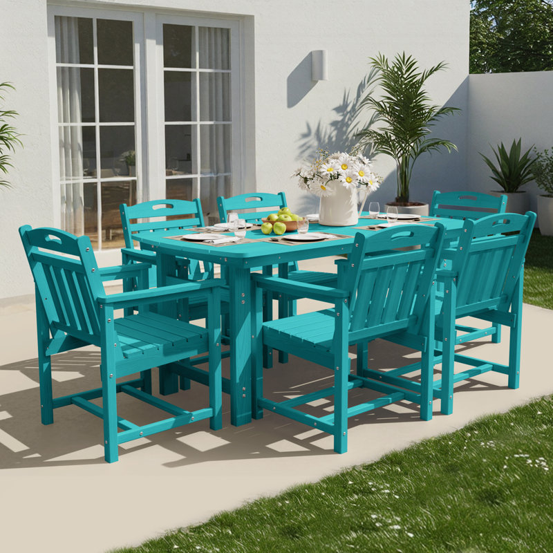 7-Piece Rectangular 59.1" Long Patio Dining Set, Teal