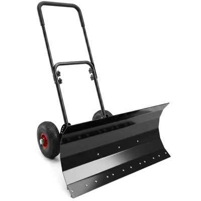 Black Wheeled Snow Pusher with 29.1 Inch Multi Angle Steel Blade, Heavy Duty Rolling Snow Shovel for Driveway and Sidewalk Snow Removal