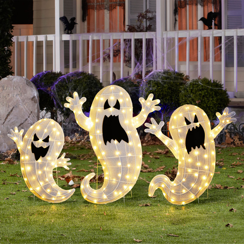 Ensemble de 3 décorations d'extérieur d'Halloween 2,5D fantômes avec 200 lumières à DEL blanc chaud (KD)