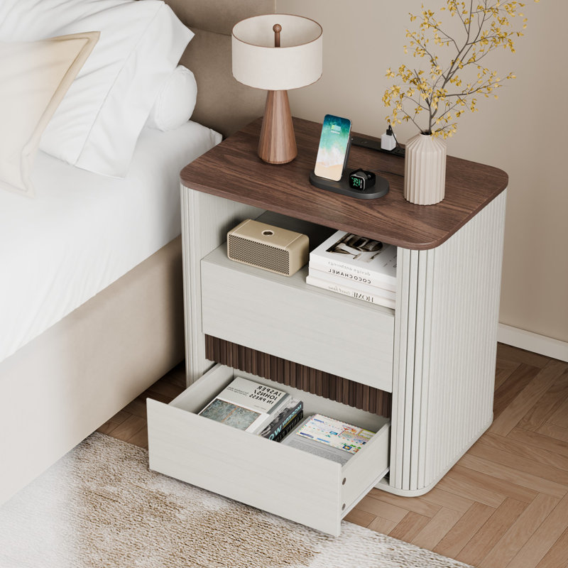 Table de chevet 2 tiroirs avec station de charge, Walnut