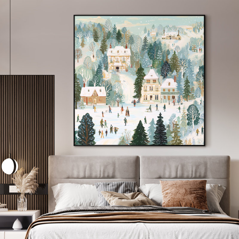 Très grande reproduction d'art sur toile - Winter Village, patinage sur glace, scène de vacances, décor de paysage pour le salon ou la chambre à coucher - «Assemblage requis du cadre (cadre non fini)»