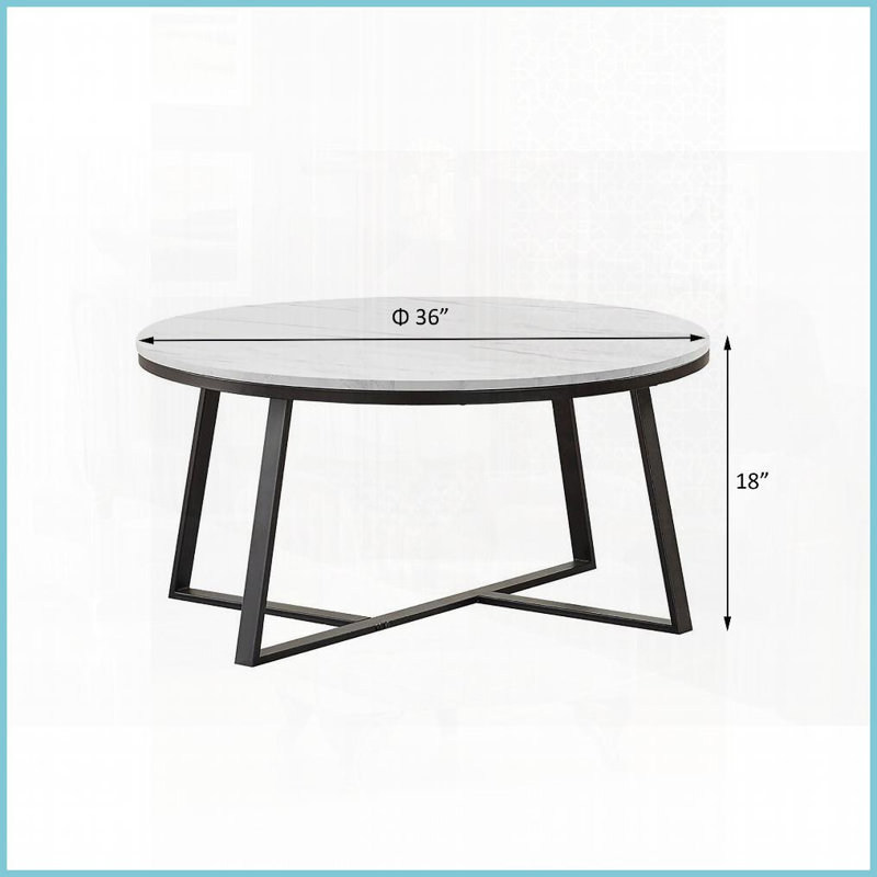 Table basse ronde blanche en faux marbre avec base en métal noir mat pour le salon, durable et amp; Élégant