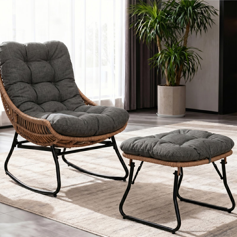 Repose-pieds d'extérieur en osier avec coussin Kacyn (ensemble de 2), Gris, 2