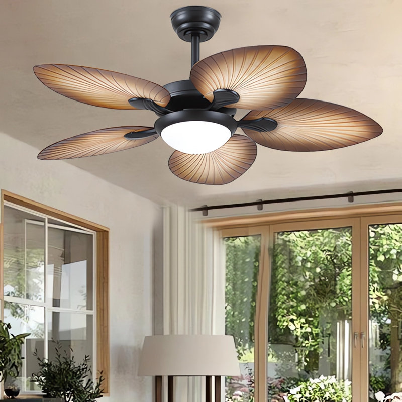 Ventilateur de plafond 44 "/ 52" à feuilles tropicales à intensité variable avec lumières DEL et télécommande, Grain du bois