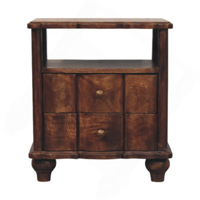 Table de chevet 2 tiroirs en bois avec tablette ouverte, brun