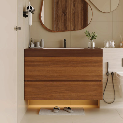 Meuble-lavabo flottant moderne 29,9 po avec comptoir en faux marbre et lavabo encastré en céramique, fixé au mur pour les petites salles de bain et les appartements