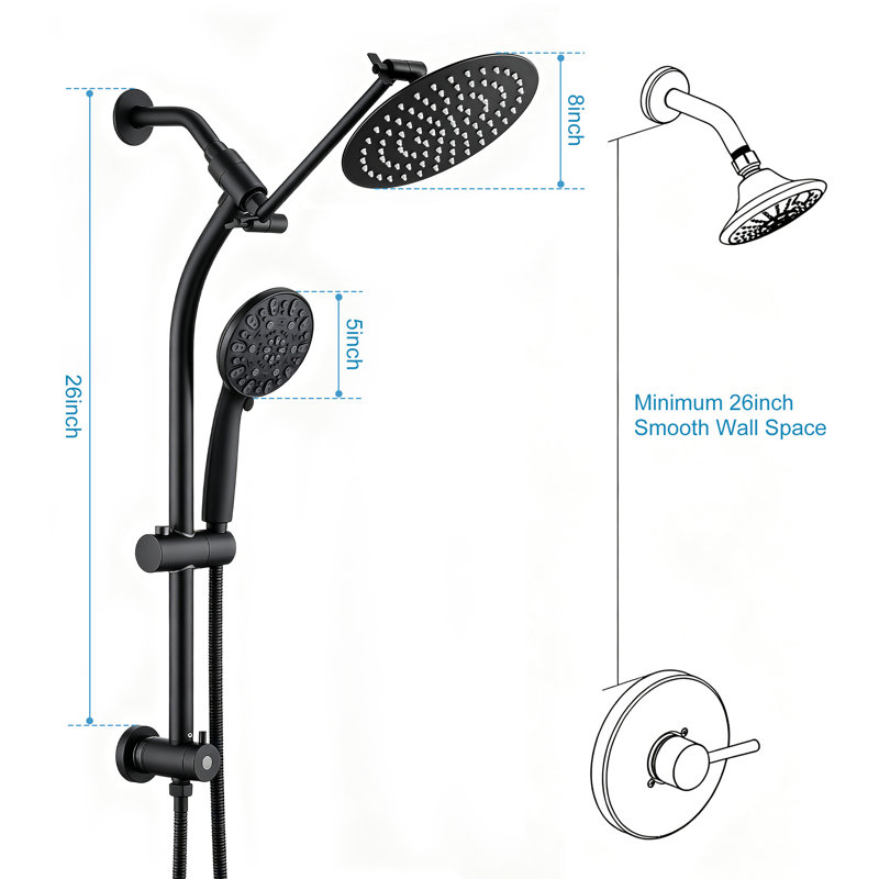 Pomme de douche à pluie ronde 8 pouces, douchette à main haute pression avec barre coulissante sans perçage, bras d'extension réglable, inverseur à 3 voies et boyau de 5 pieds, noir mat, valve non incluse