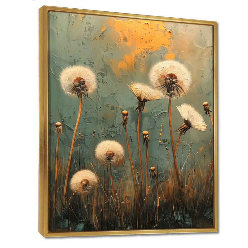 Art nouveau pissenlit blanc collage I - décoration murale pissenlit, Cadre flottant doré, H 44 po x l 34 po