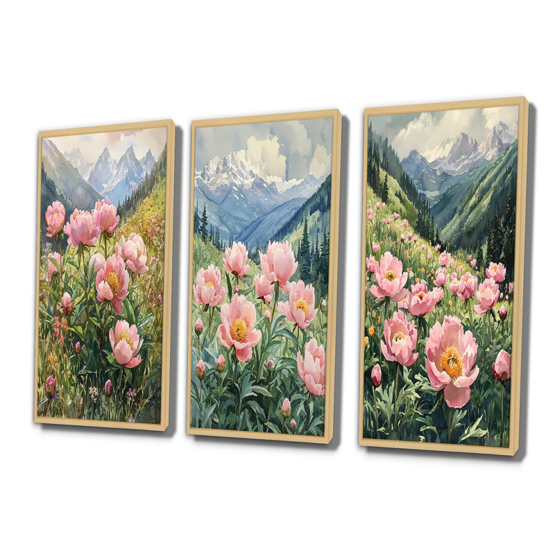Pivoines dans la vallée balayée par le vent I - Collection d'art mural traditionnel 3 pièces, H 32 po x l 48 po, Crème, crème