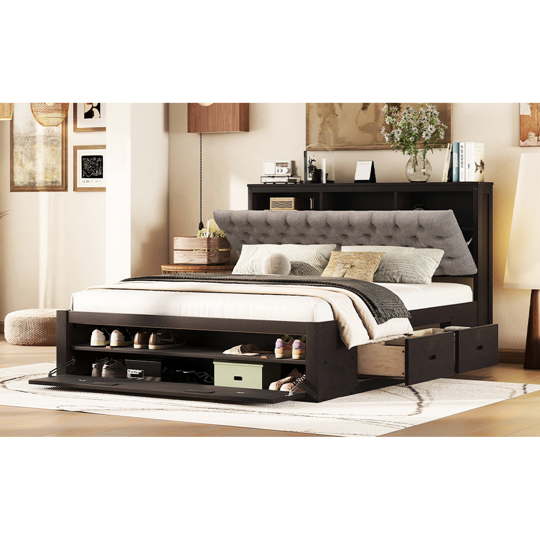 Latitude Run® Queen Size Wood Bed With Headboard Storage Shelves, 4 ...