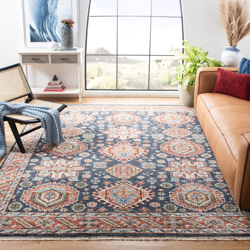Tapis rouge / bleu en laine / coton noué à la main Jack-Carter, Rectangle 10 pi x 14 pi