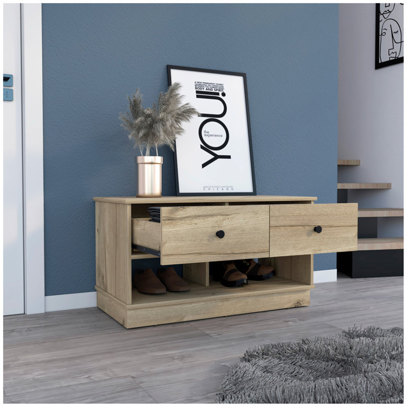 Storage Bench Beji, Lower Shelf, Two Drawers, Finish, Light Oak