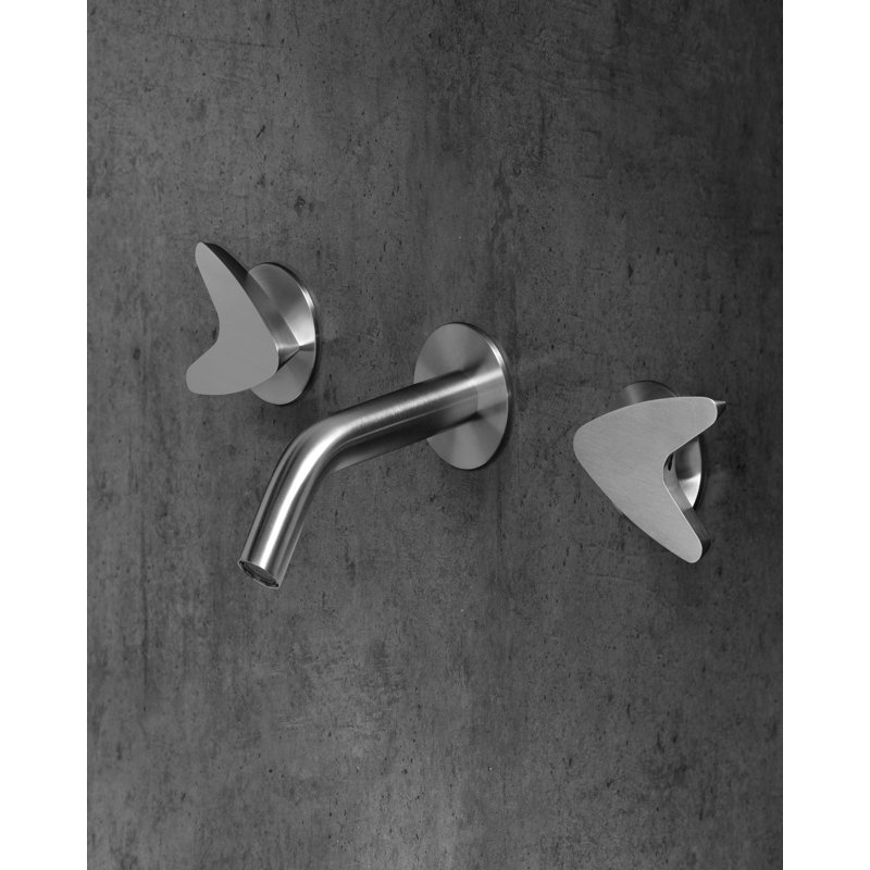Acquaco Linki Arrow Wall Mount Three-Hole Two Handle Bathroom Lavatory Faucet with 6-3/4'' Spout Reach, Satin Stainless