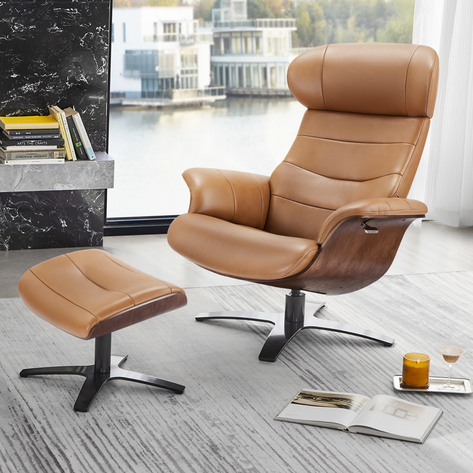 Dillon 31" Genuine Leather Manual Swivel Recliner, Boston Saddle