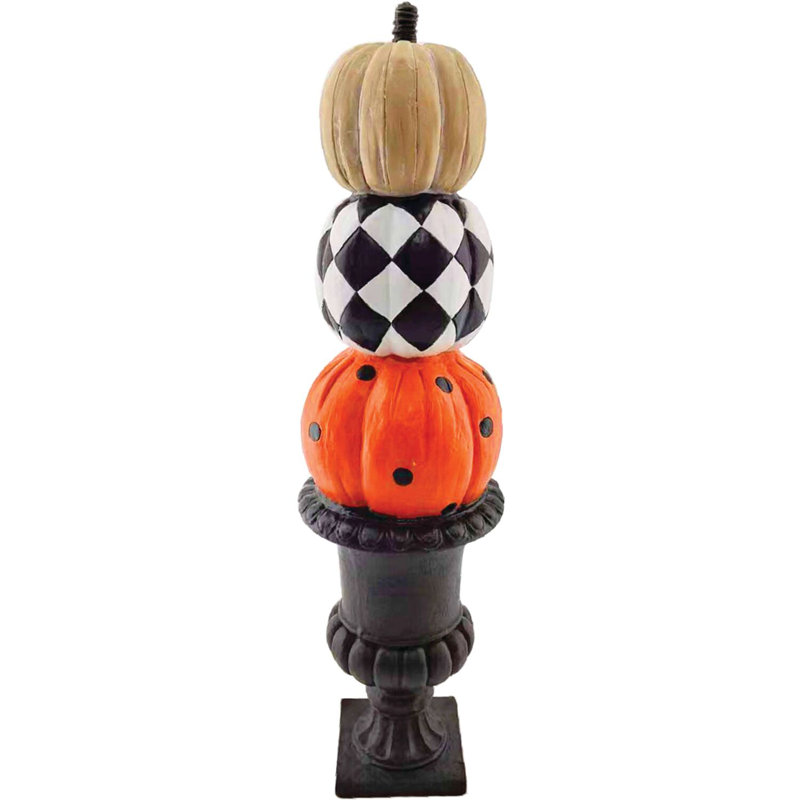 52-inch Stacked Orange, Beige, and Black Metal Pumpkins in Urn