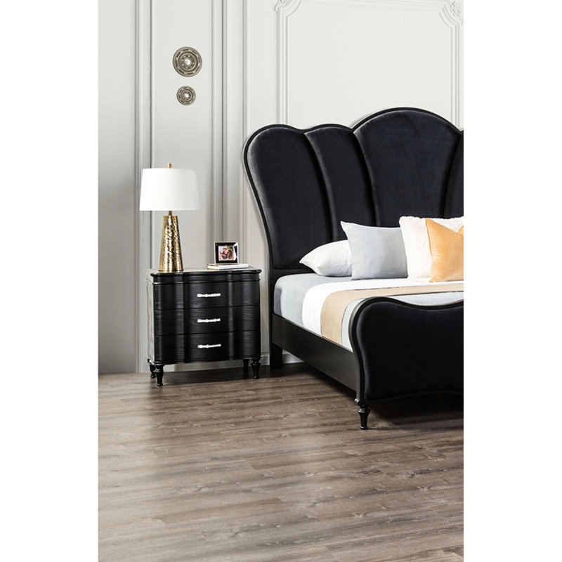 Table de chevet à 3 tiroirs en bois massif noir pour la chambre à coucher, pieds tournés, poignées en acrylique, caractéristiques modernes, panneaux avant courbés, tiroir supérieur doublé de feutre, poignée de bar à extension complète, assemblage facile
