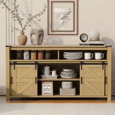 U_STYLE 59.3''Sideboard With Sliding Barn Door And Mesh Panels,Farmhouse Buffet With Open Storage,Suitable For Living Room, Hallway, Balcony,Kitchen, Office