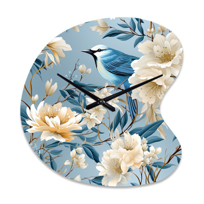 White And Blue Bird Floral Serenade IV - Floral Irregular Shape Metal Wall Clock, Cottage Asymmetrical Wall Clock Print