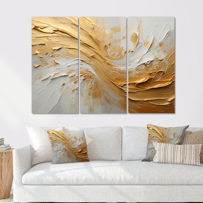 Or et beige, peinture à vagues douces - formes abstraites, ensemble d'art sur toile