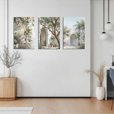 Ensemble de 3 toiles murales représentant un paysage d'oliviers et d'arche blanche, idéales pour la décoration du salon.