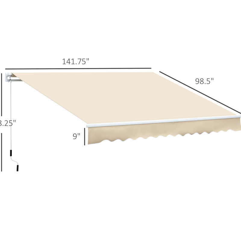 Auvent de patio rétractable auvent 12 pi x 8 pi, manivelle manuelle, tissu 280G / M et eau, structure en aluminium pour terrasse, balcon, cour, abri blanc crème, manivelle, cadre, cour