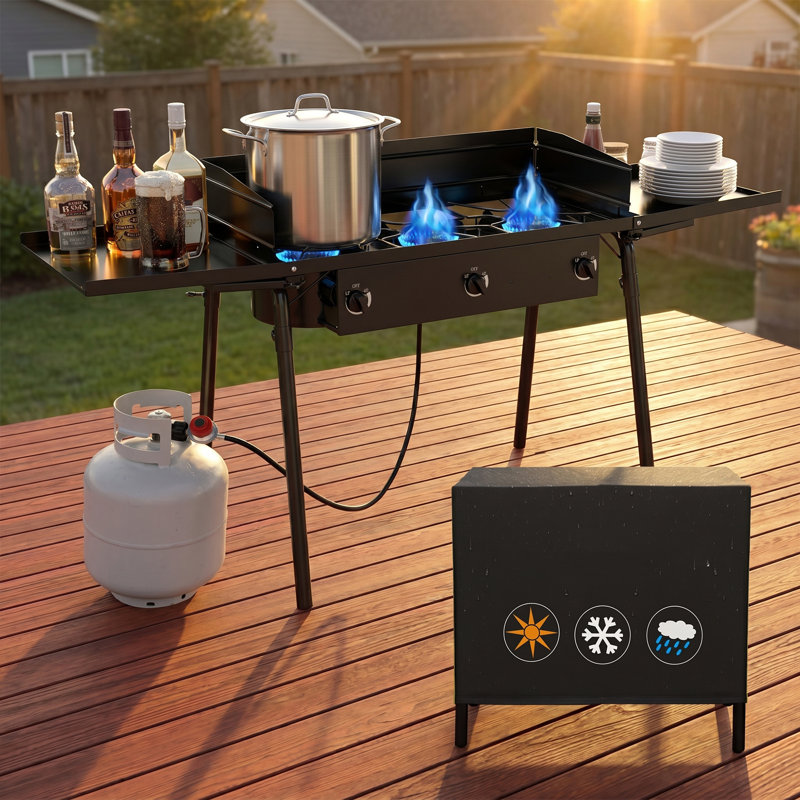 Très grand poêle au propane à 3 brûleurs à haute pression de 65,8 po avec panneau à vent et tablettes latérales, sac