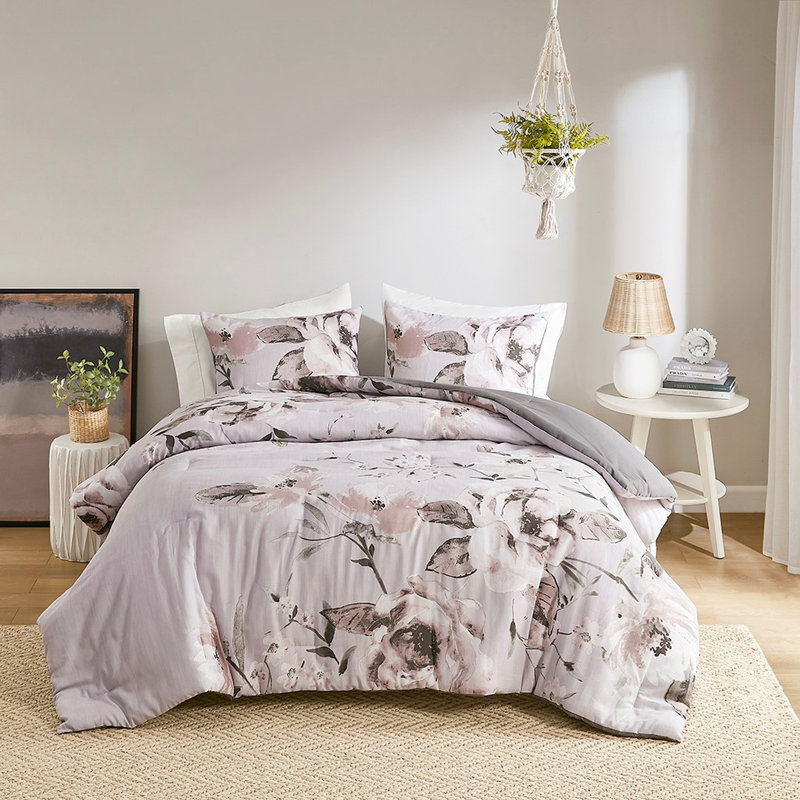 Édredon double / grand - imprimé floral avec envers en microfibre et lavable à la machine 3 pièces en mauve, coton imprimé bleu / rembourrage 100% style