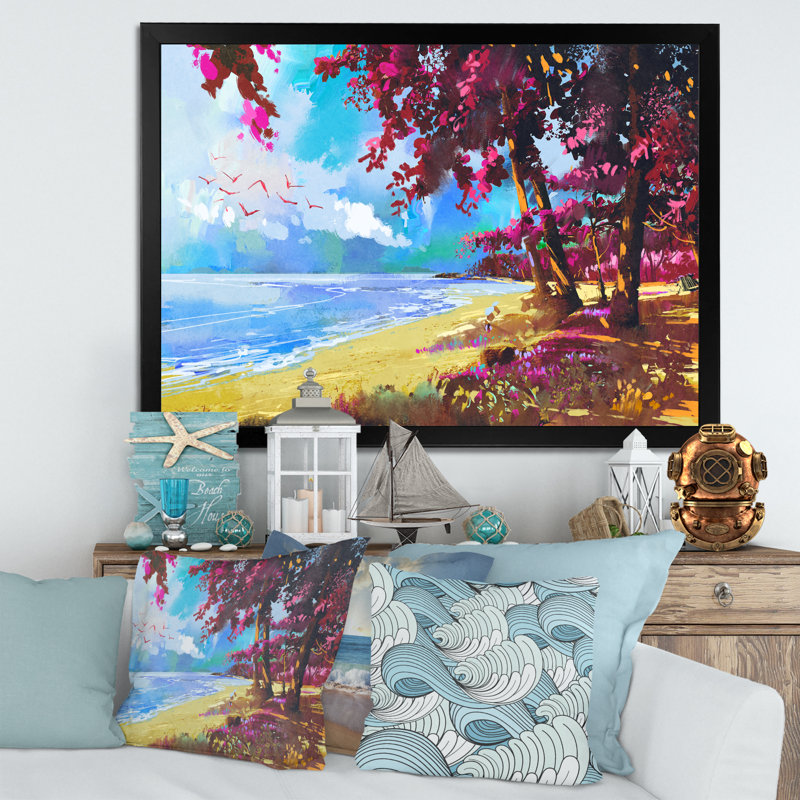 «Pink Trees On The Beachsummer», reproduction d'art nautique et côtier sur toile, Cadre photo noir, H 8 po x l 12 po x P 1 po