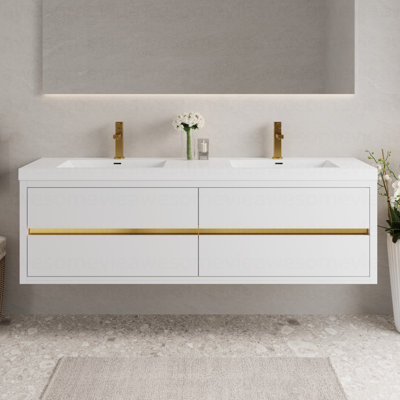 Meuble-lavabo mural 72 po avec double vasque, meuble de rangement flottant pour salle de bain avec comptoir en résine de pierre et tiroirs à fermeture en douceur