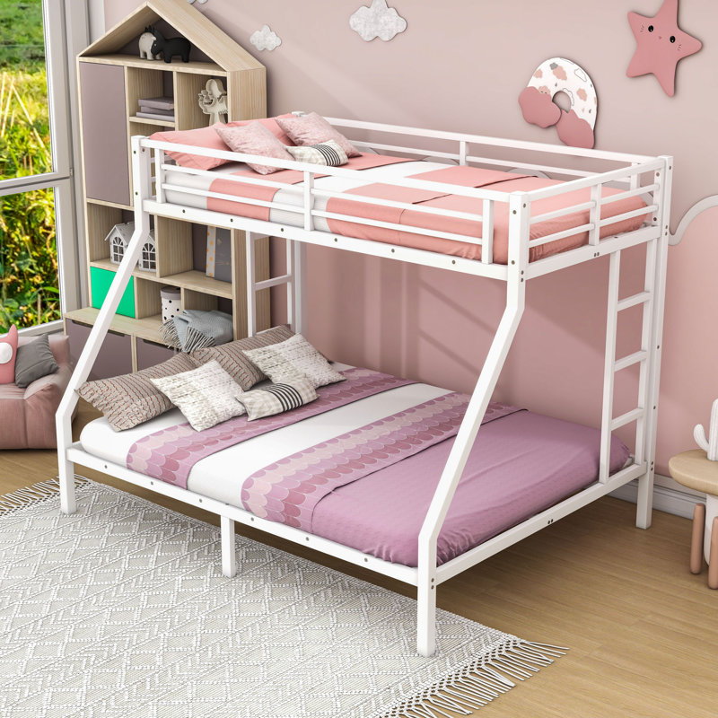 Twin XL Over Queen Bunk Bed With Ladders And Guardrails, White