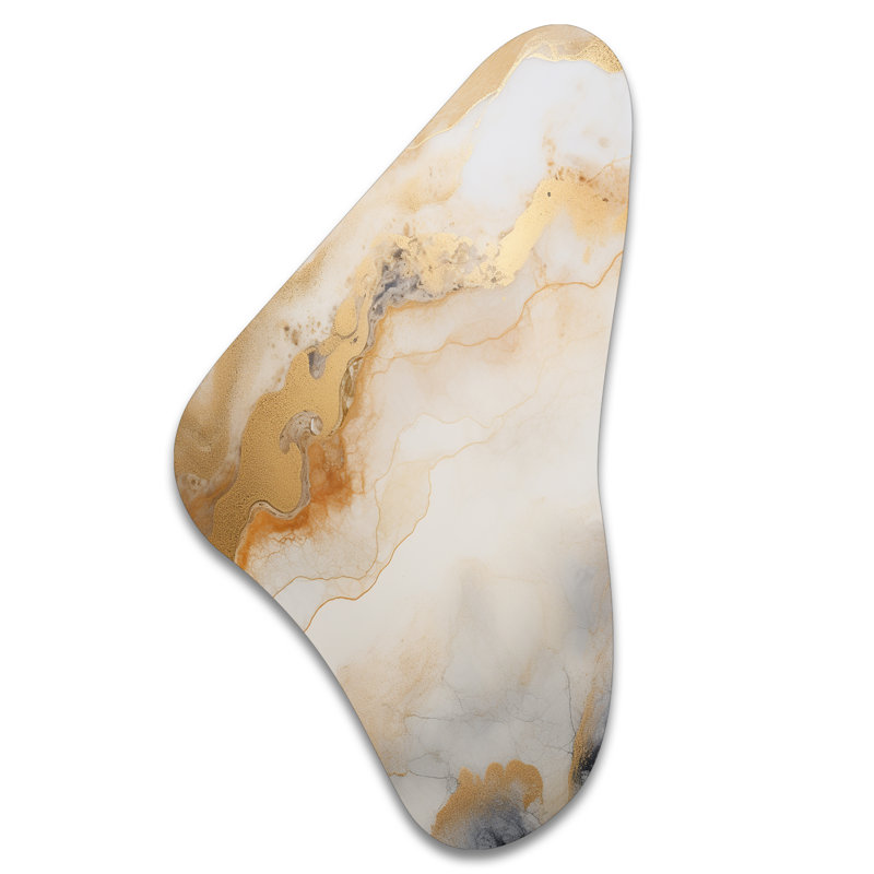 Peinture abstraite beige et or Geyser III - art mural asymétrique abstrait en forme de Boomerang, H 31 po x l 17 po x P 1 po