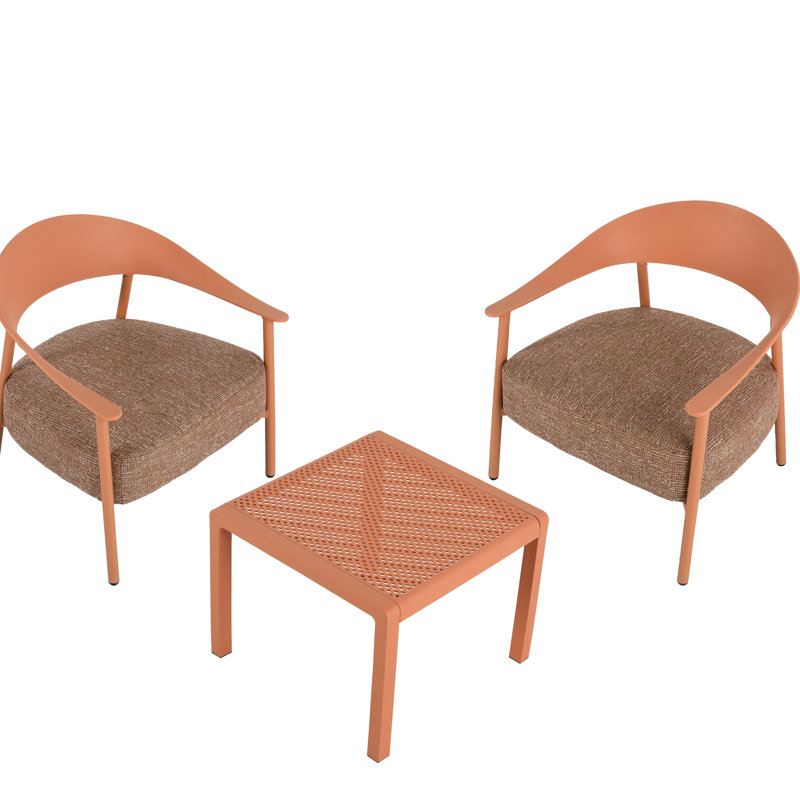 Meuble de patio brun abricot avec 2 chaises et une table, sièges rembourrés, pieds en fer, sièges modernes au design complémentaire, sans couture, assemblage