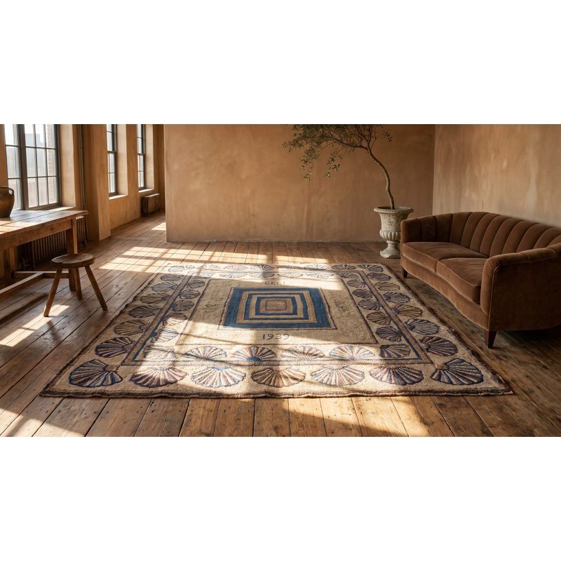 Antique Wool & Cotton Blue Hooked - Loop Pile Rug