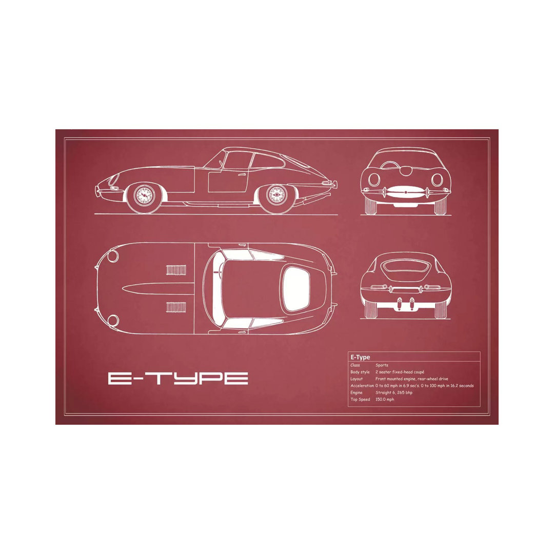 Jaguar E-Type Series 1 Coupe (Maroon) von Mark Rogan - Galerie-verpackte Leinwand Giclée auf Leinwand