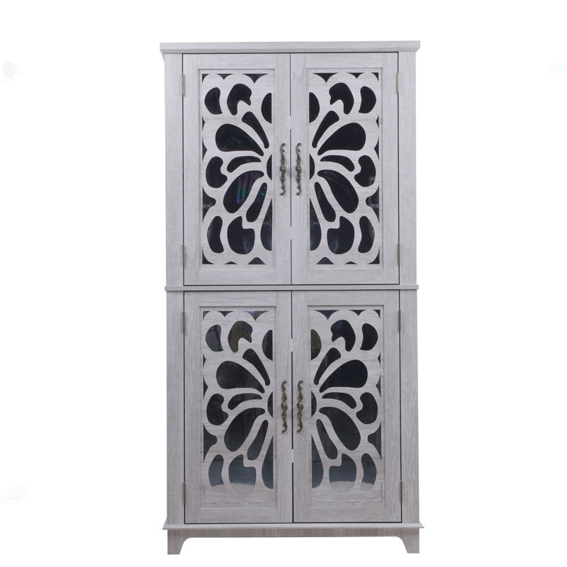 67.4"H 4 Doors Mirrored Doors Accent Storage Cabinet For Corner, Entryway, Living Room, Bedroom, Kitchen With Adjustable Shelves Light Gray Color, Display Cabinet, Bookcase