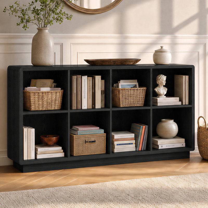 Bibliothèque Abrianna de style ferme moderne, 2 niveaux, 8 cubes, 145 cm (57,1 po), coins arrondis et base renforcée., Noir