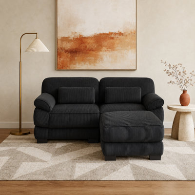 Haledon 76.4" Wide Reversible Modular Corduroy Sofa & Chaise with Ottoman and Adjustable Backrests