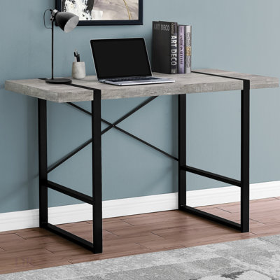 Modern Industrial Computer Desk With Thick-Panel Grey Reclaimed Wood-Look, Robust Black Metal Legs, And X-Shaped Support For Home Office Use