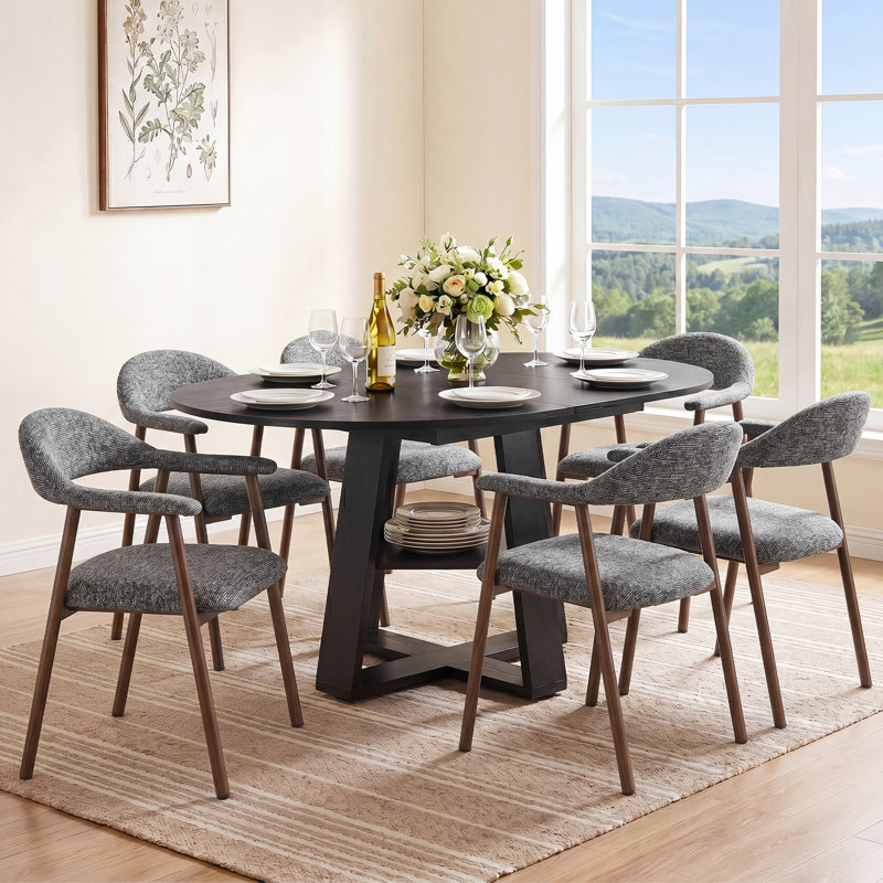 Colne Round Extendable Modern Kitchen Dining Table Set With 32.3"H Dining Chair, 7 pièces : table, 6 chaises, Brun, Grey