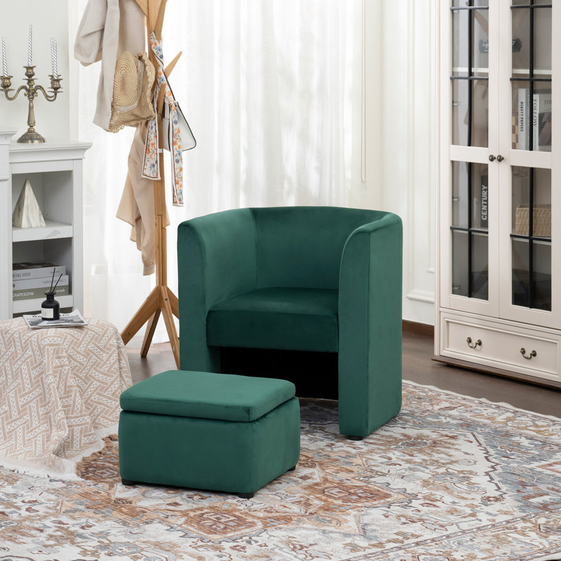 Fauteuil d'appoint rembourré en tonneau avec repose-pieds de rangement pour le salon / la chambre à coucher / le bureau, Vert