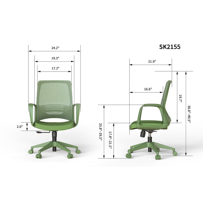 Chaise de bureau ergonomique en maille, supportant jusqu'à 159 kg (350 lb), avec accoudoirs intégrés, verte., H 19,7 po, Vert