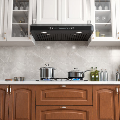 30" 900 CFM  Ducted Under Cabinet Range Hood Black Stainless Steel Quiet 4 Speed Gesture Remote and Touch Panel Control with LED Lights