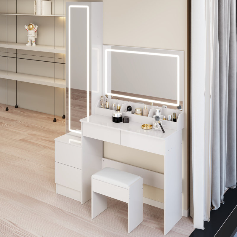 Très grande table de coiffeuse à DEL à 3 interrupteurs et luminosité réglable par commande tactile avec miroirs doubles, rangement multi-couches et tabouret rembourré pour armoire pleine grandeur, style américain, blanc