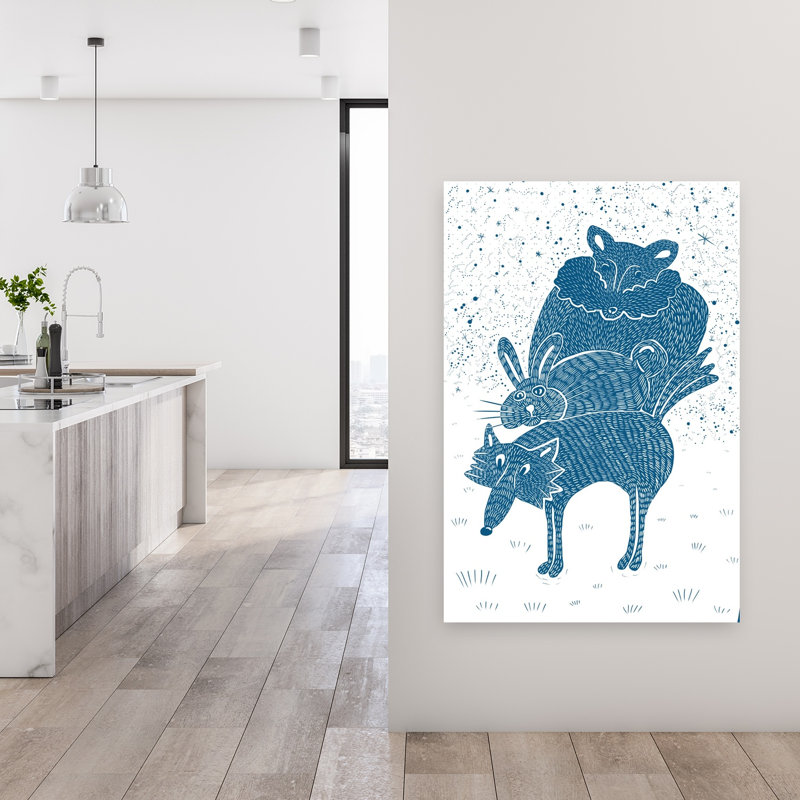 «Whimsical Winter Stack», reproduction d'art fantaisiste rustique, abstrait, forêt de lapin, art mural, 48" H x 32" W