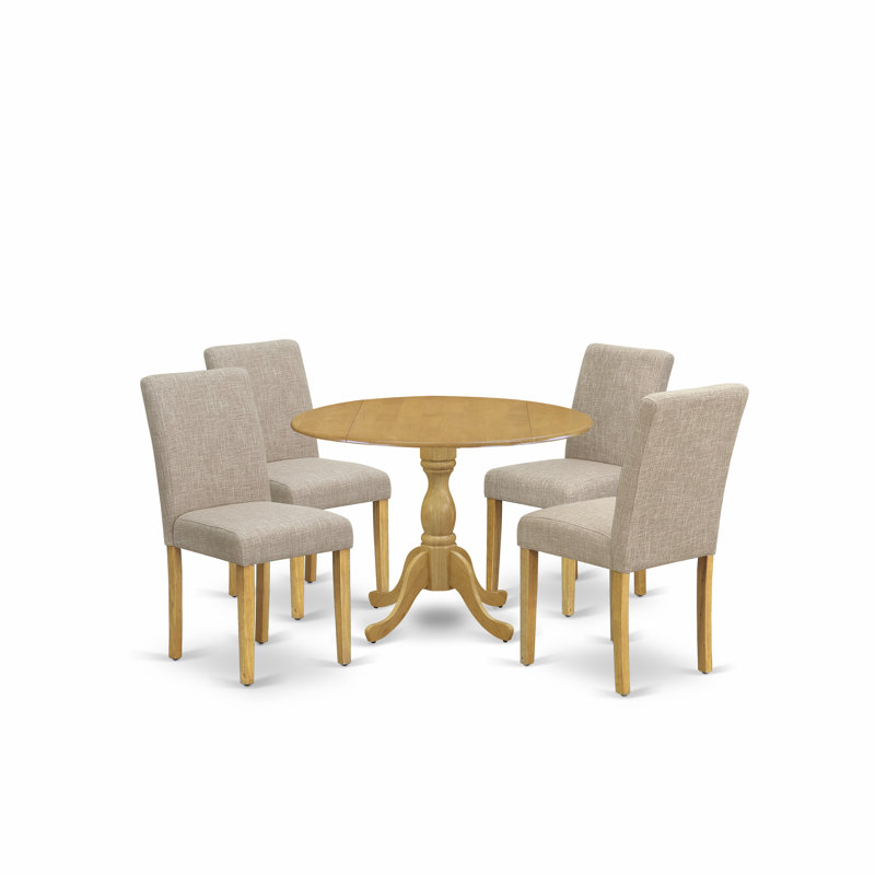 Cet ensemble de salle à manger 5 pièces comprend une table de salle à manger ronde avec Dropleaf et 4 chaises Parson rembourrées en lin brun clair et chêne