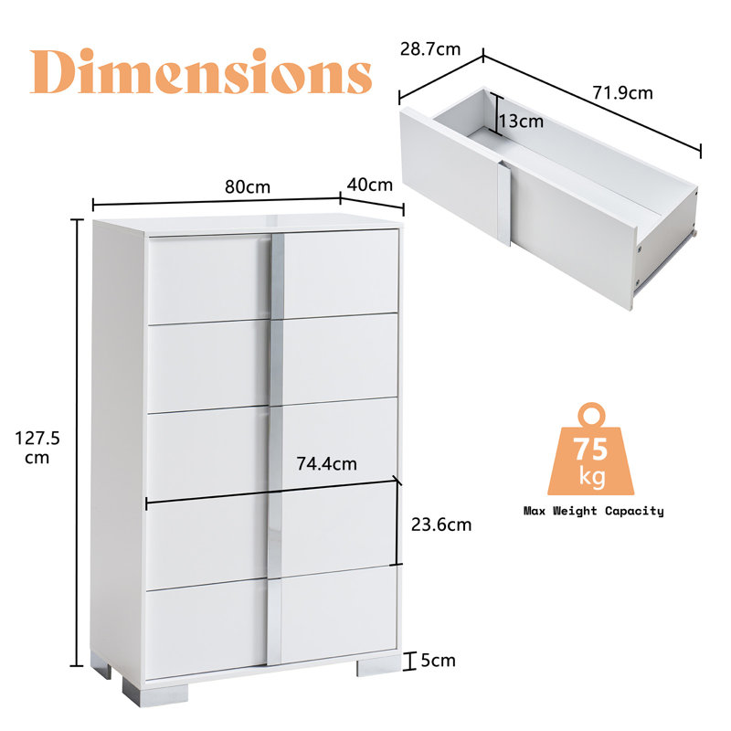 Modern White 5 Drawer Chest of Drawers with Electroplated Trim