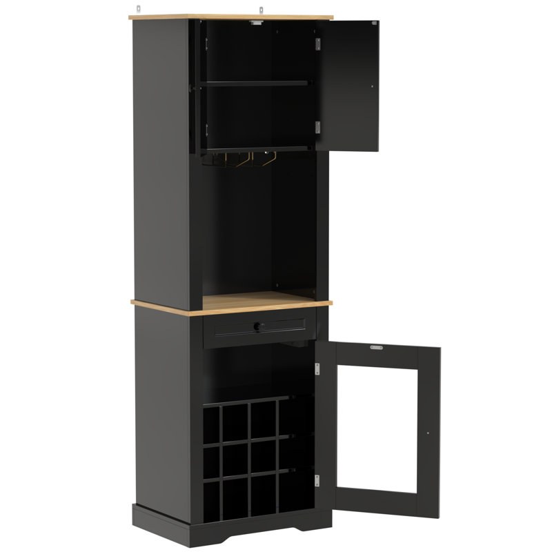 69" Tall Wine Bar Cabinet With LED Light, Black