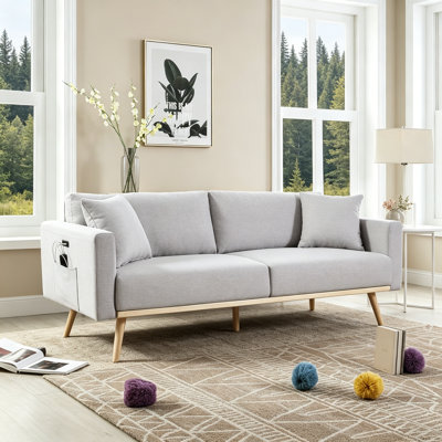 Canapé en tissu de lin gris clair 75 po Elio avec ports de chargement USB, poches et coussins