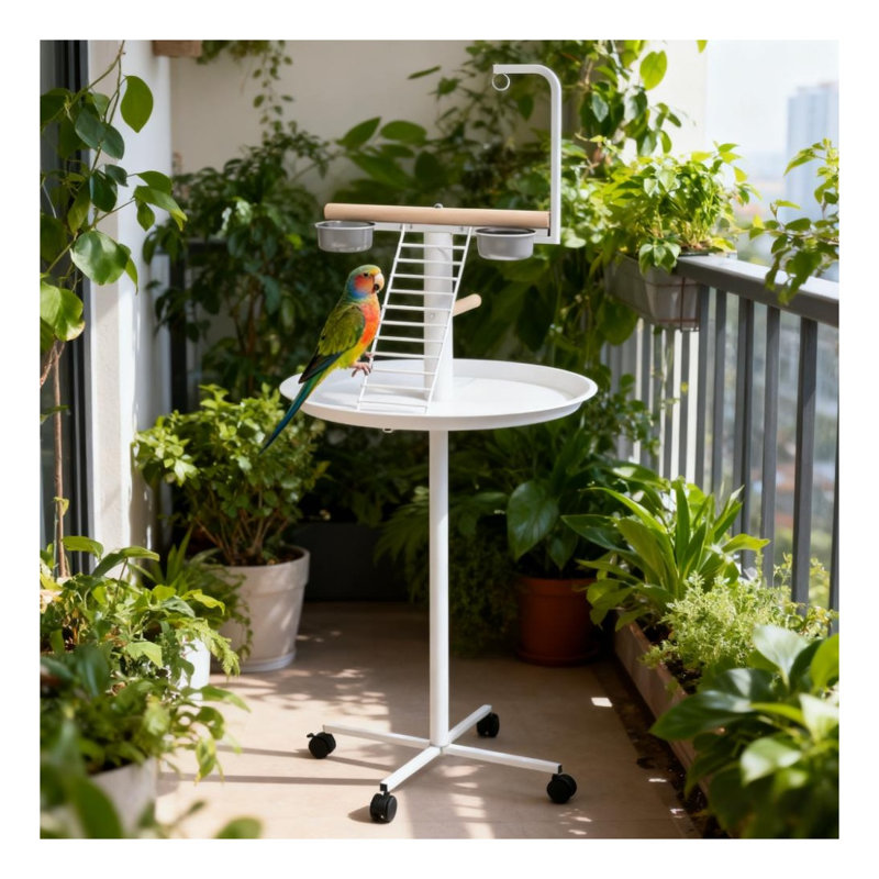 Support mobile pour oiseaux avec roues, bols et plateau rond